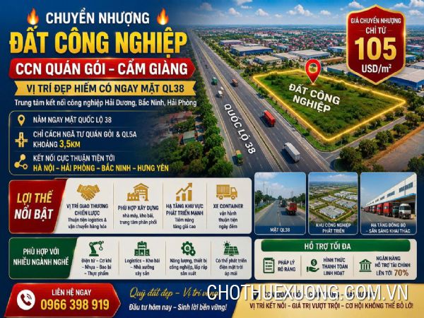 Chuyển nhượng đất từ 5000m2 tại Cụm CN Quán Gỏi, Cẩm Giàng- Hải Dương