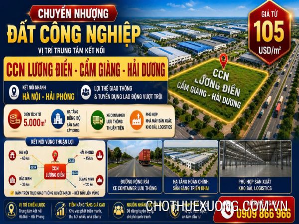 Chuyển nhượng đất từ 5000m2 tại Cụm CN Lương Điền, Cẩm Giàng- Hải Dương