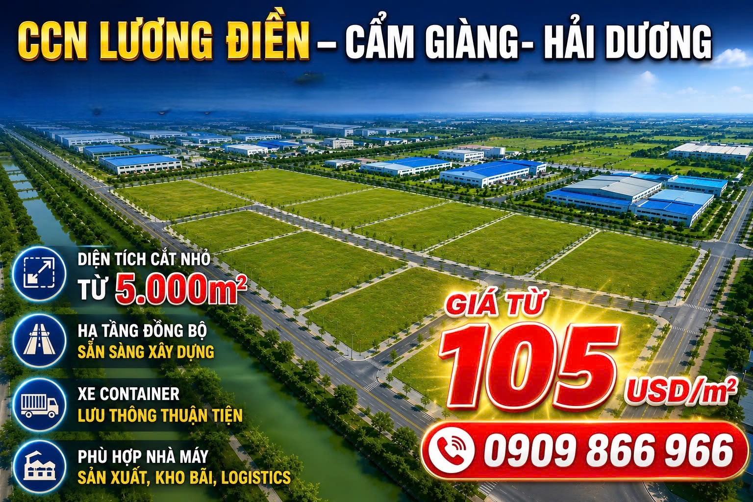 Chuyển nhượng đất từ 5000m2 tại Cụm CN Lương Điền, Cẩm Giàng- Hải Dương